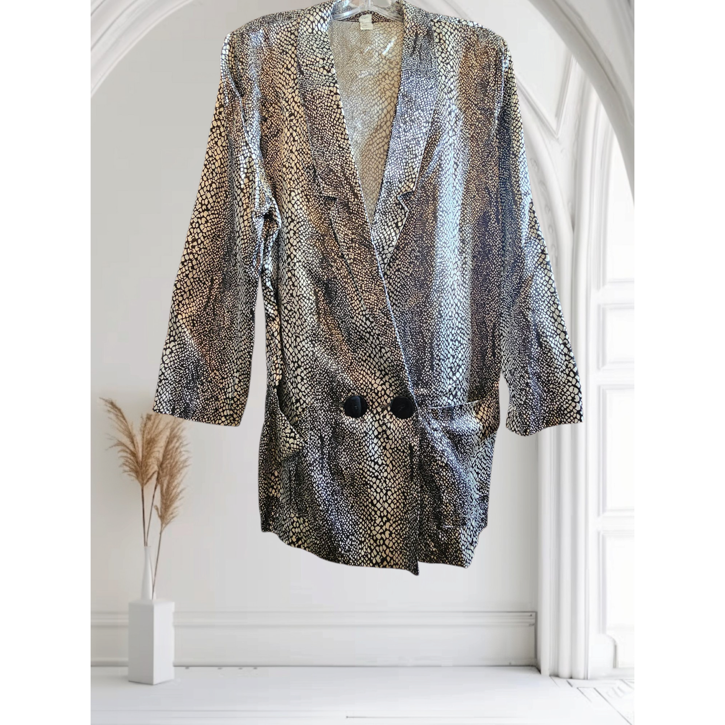 Vintage Black Ivory Print Satiny Blazer - Size Small