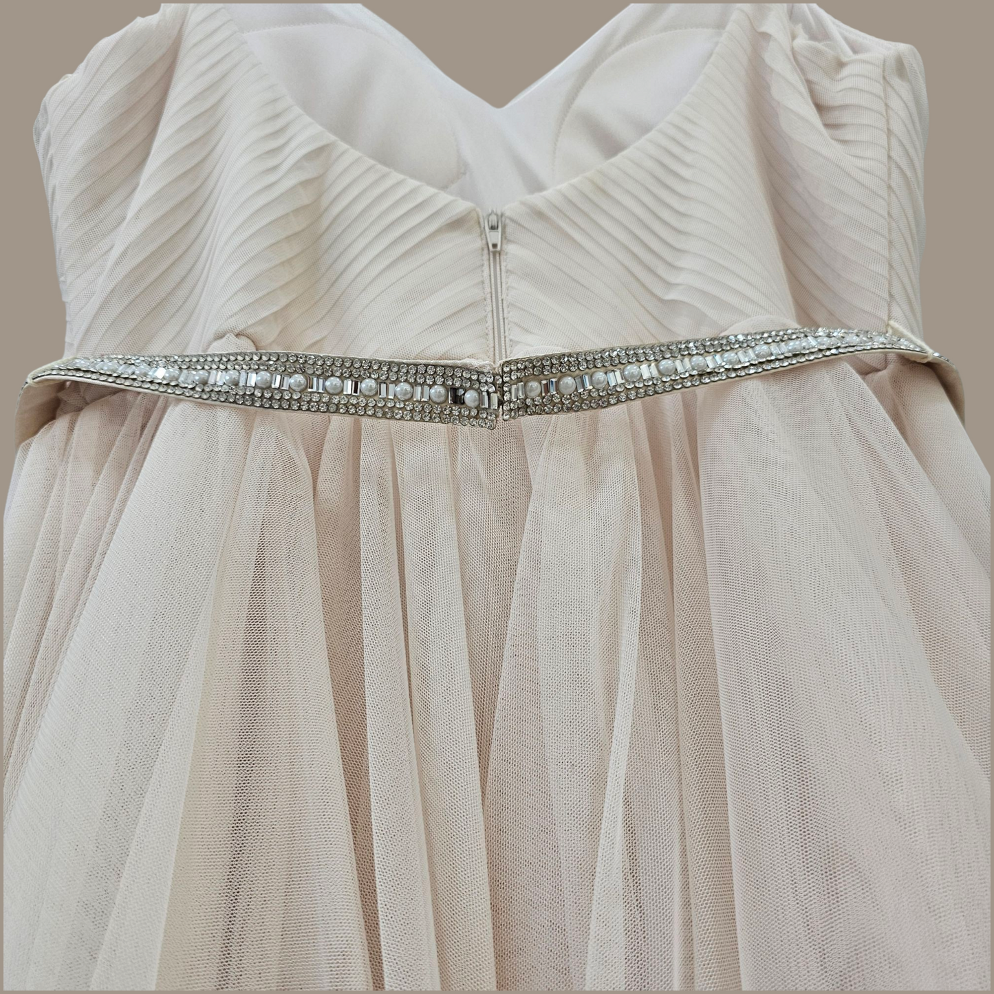 CITY STUDIO Women's Beige Tulle Spaghetti Strap Dress – Juniors Size 11 – Fit & Flare Gown - Size Medium