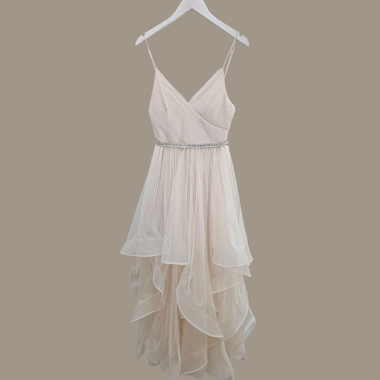 CITY STUDIO Women's Beige Tulle Spaghetti Strap Dress – Juniors Size 11 – Fit & Flare Gown - Size Medium