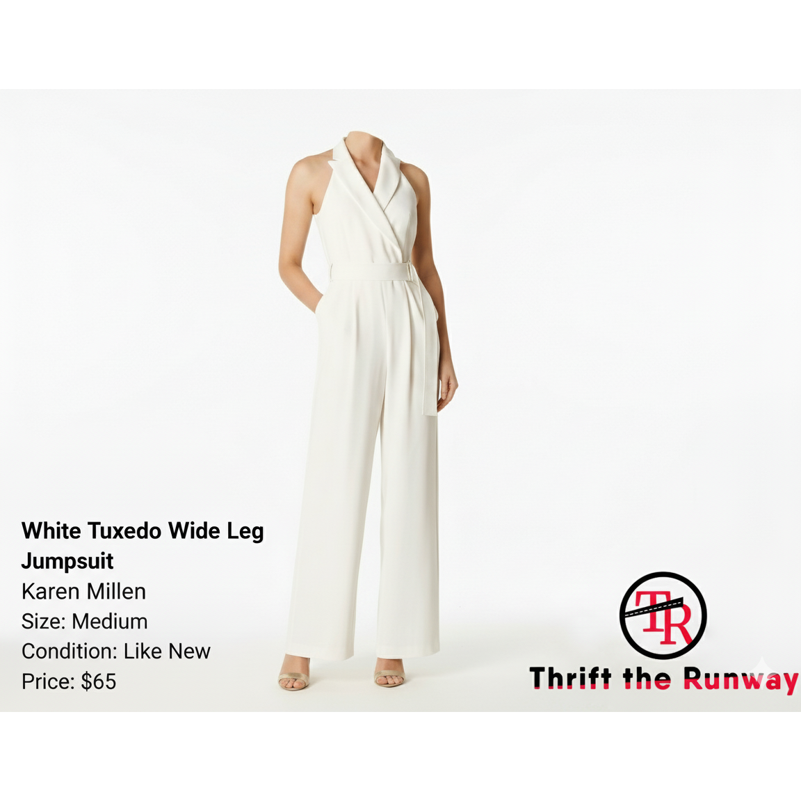 Karen Millen White Tuxedo Wide Leg Jumpsuit - Size Medium (Sz 6)