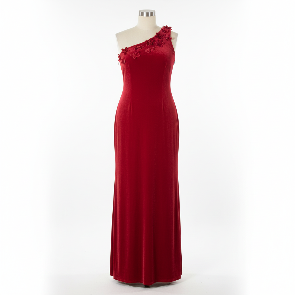 Papell Boutique Evening Gown – Wine Red One-Shoulder Floral Detail | Size Curvy Girl XL (Sz 14) | $40