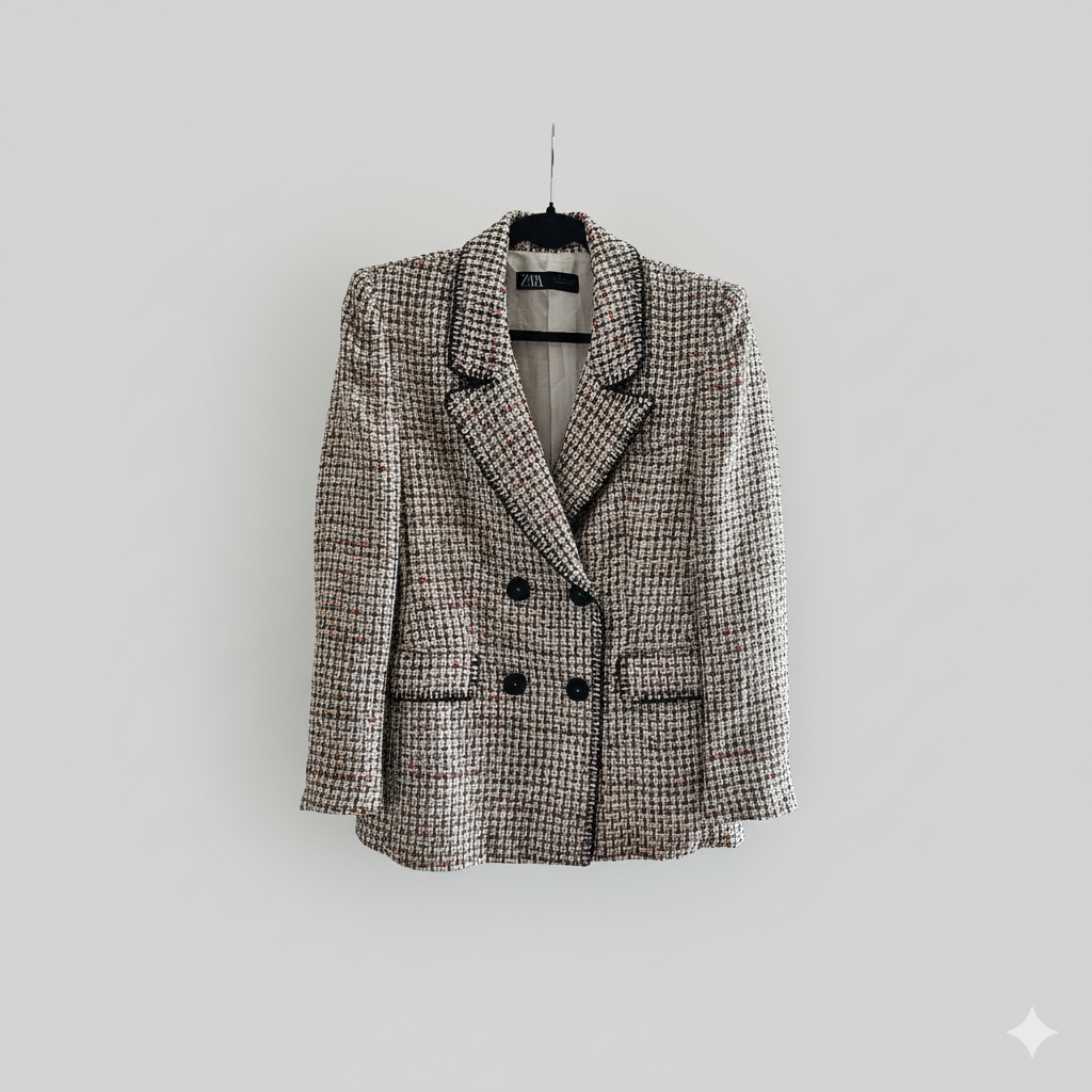 Zara Tweed Double-Breasted Blazer – Size Large