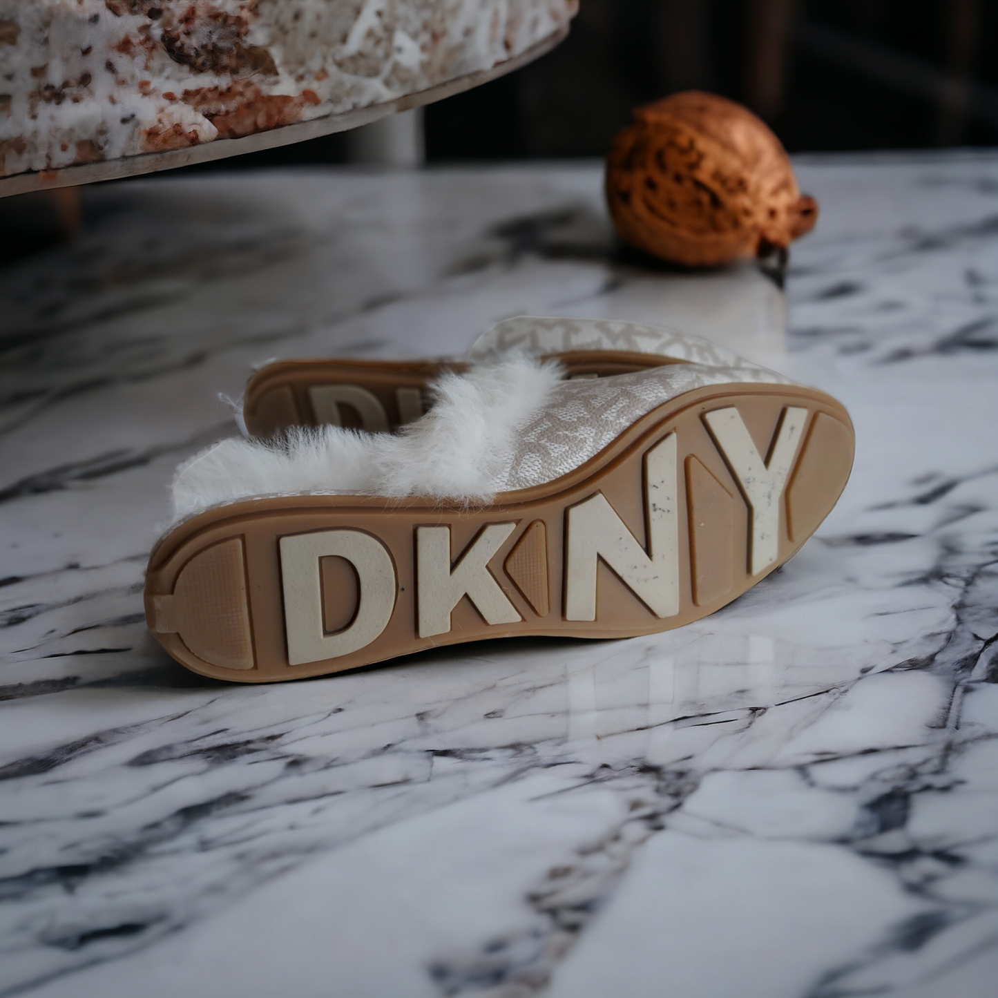 DKNY White Faux Fur Lined Gala Slip On Mules - Shoe Size 7