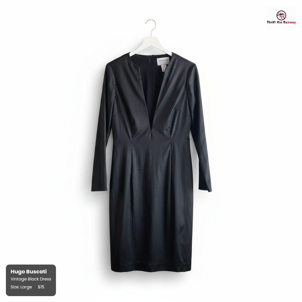 Hugo Buscati Vintage Black Dress – Plunge Neckline, Size Large