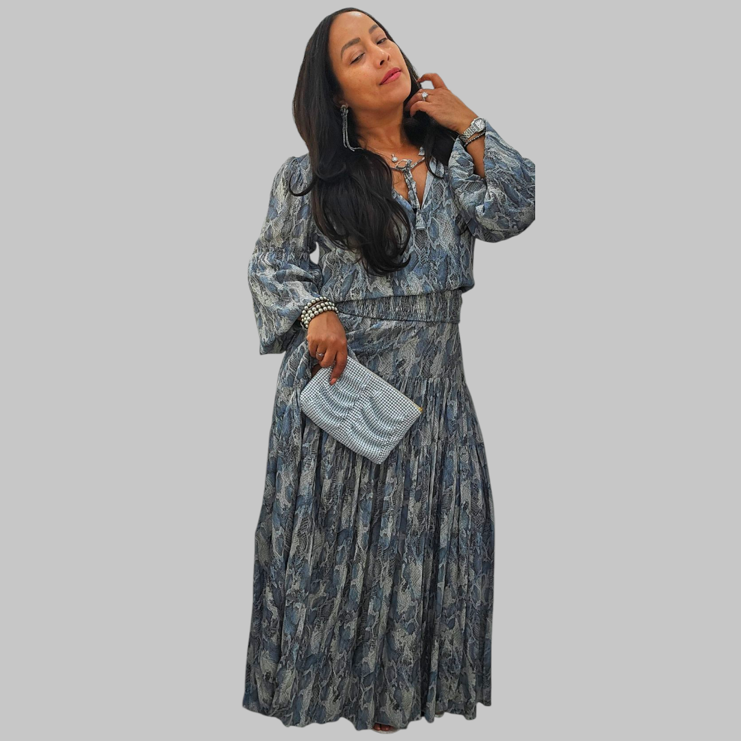 MISA Los Angeles Two-Piece Set – Boho Luxe Blouse & Maxi Skirt (Tall-Girl Friendly) - Size Medium