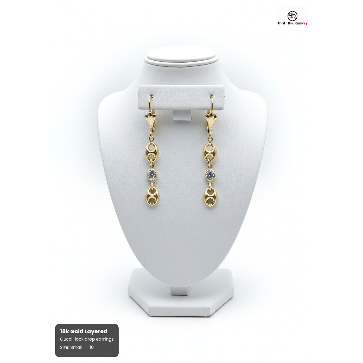 18k Gold Layered Gucci-look drop earrings – 2 links and a center crystal, Size Small