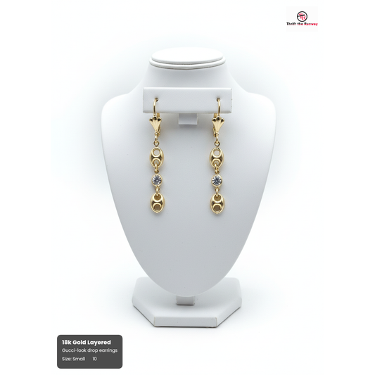 18k Gold Layered Gucci-look drop earrings – 2 links and a center crystal, Size Small