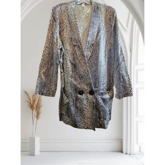 Vintage Black Ivory Print Satiny Blazer - Size Small