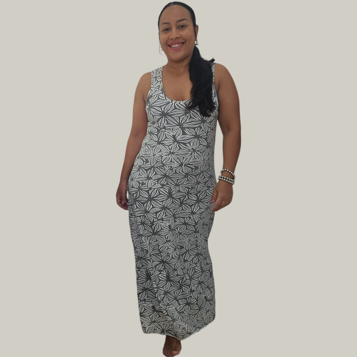 Joan Vass Dresses Taupe White Jersey Knit Maxi - Size Large