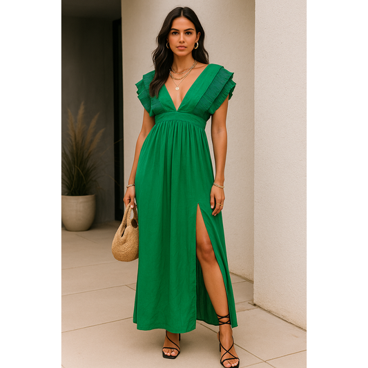Sheer Green Flutter Sleeve Maxi Dress – Size Small