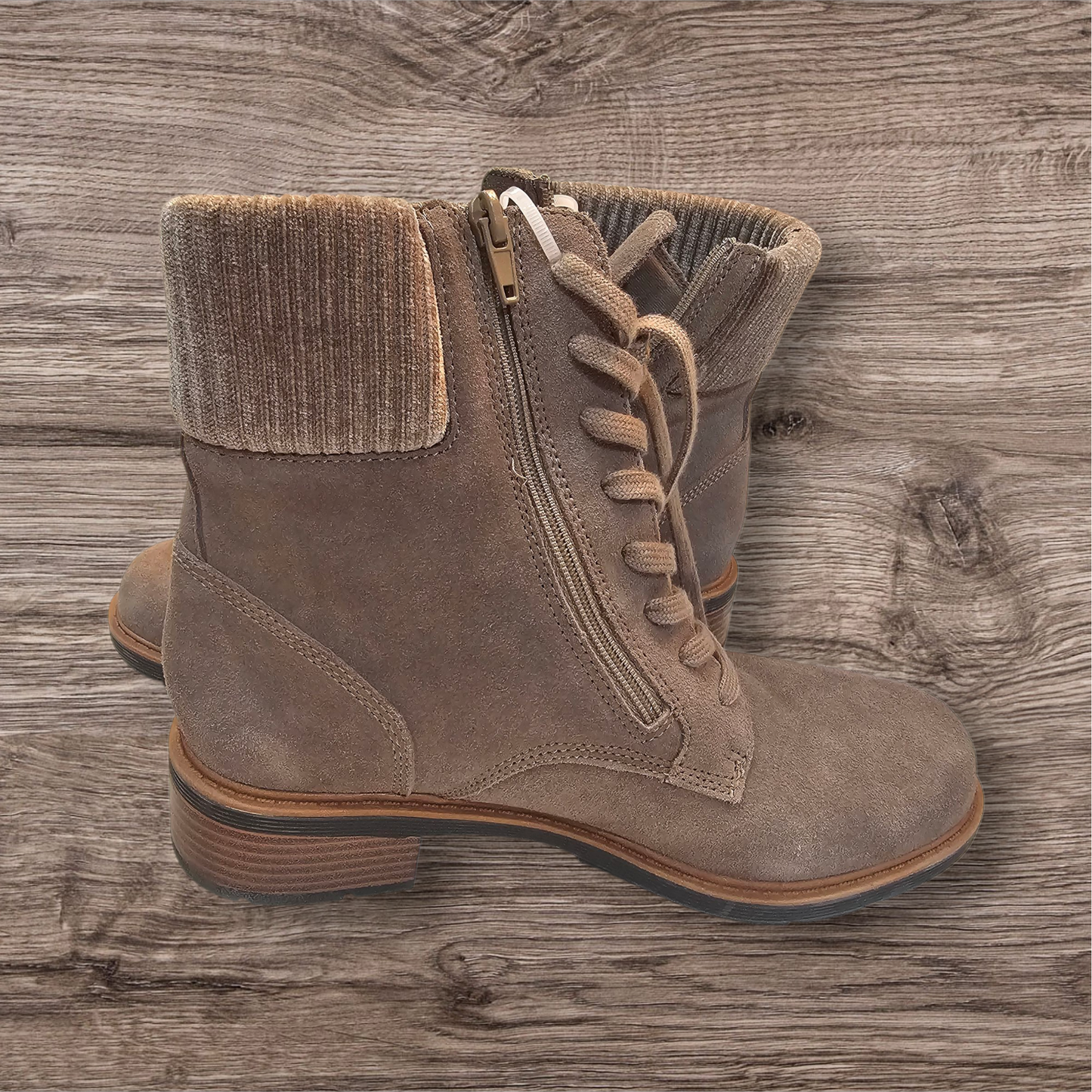 Clarks Taupe Suede Ankle Boots – Women’s Lace-Up with Side Zipper - Size 9
