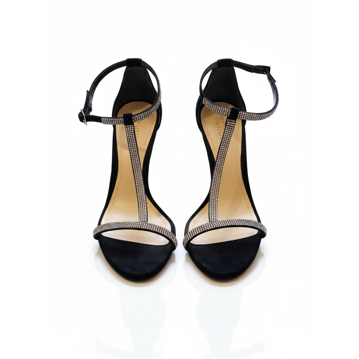 Schutz Black Suede Crystal Embellished T-Strap Heels - Shoe Size 9