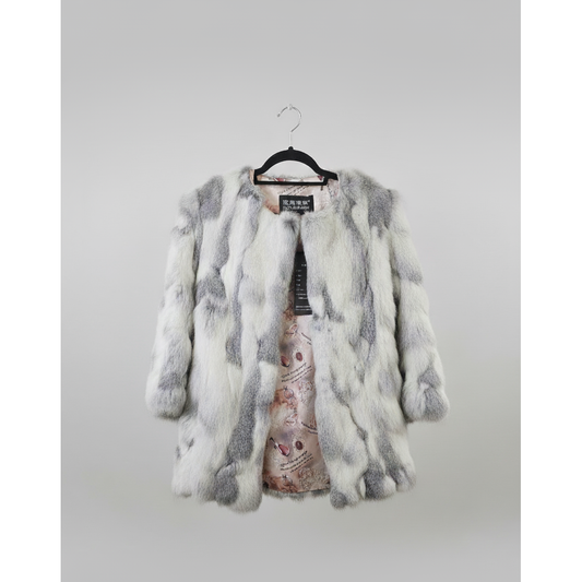White Gray Genuine Fur Jacket Size Medium