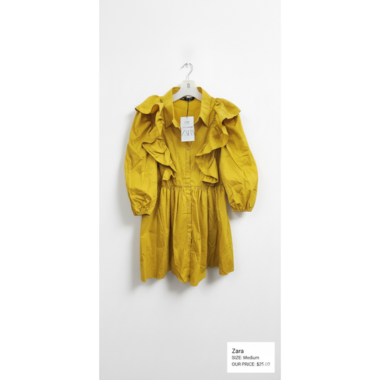 Zara Mustard Yellow Ruffle Shirt Dress – Size Medium, NWT | $25