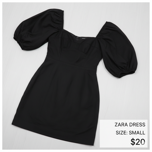 Zara Black Pouff Sleeve Mini Dress - Size Small