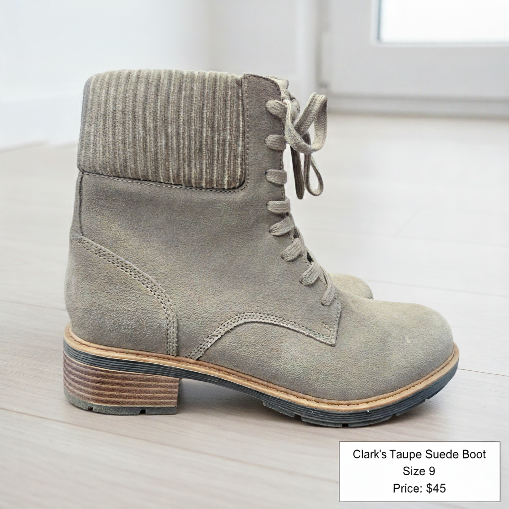 Clarks Taupe Suede Ankle Boots – Women’s Lace-Up with Side Zipper - Size 9