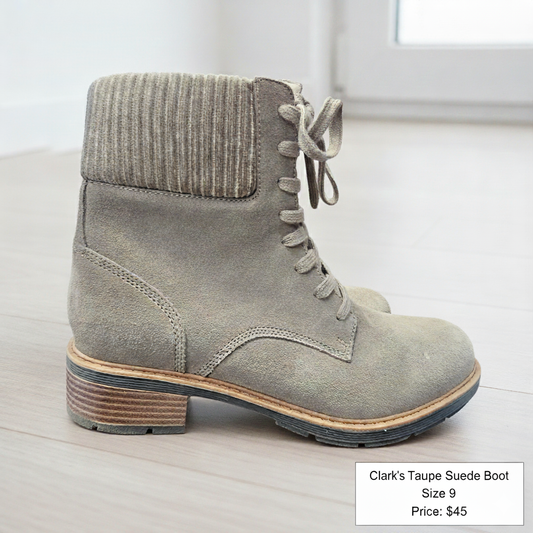 Clarks Taupe Suede Ankle Boots – Women’s Lace-Up with Side Zipper - Size 9