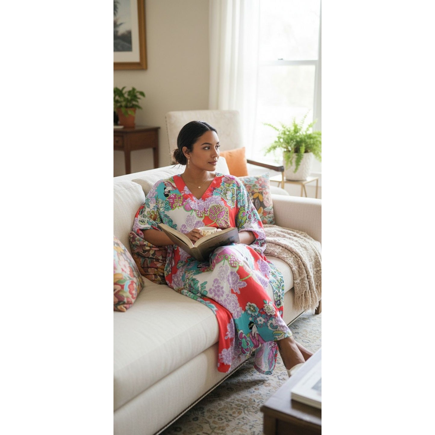 Natori Floral Caftan Dress – Size Small (Fits Up to Large Petite)