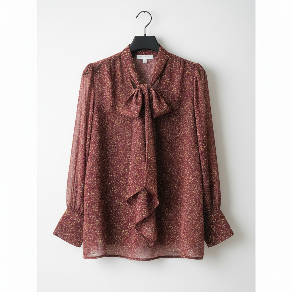 DR2 Maroon Floral Print Chiffon Tie Neck Blouse - Size Curvy Girl (1X)