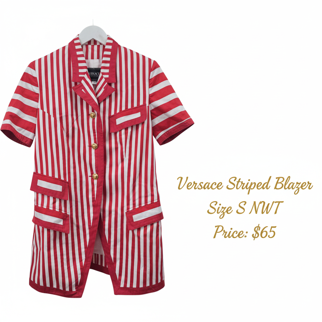 Vintage Versace Red & White Striped Blazer with Medusa Buttons – Size Small | $65