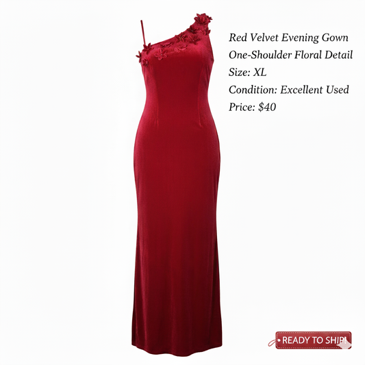Papell Boutique Evening Gown – Wine Red One-Shoulder Floral Detail | Size Curvy Girl XL (Sz 14) | $40