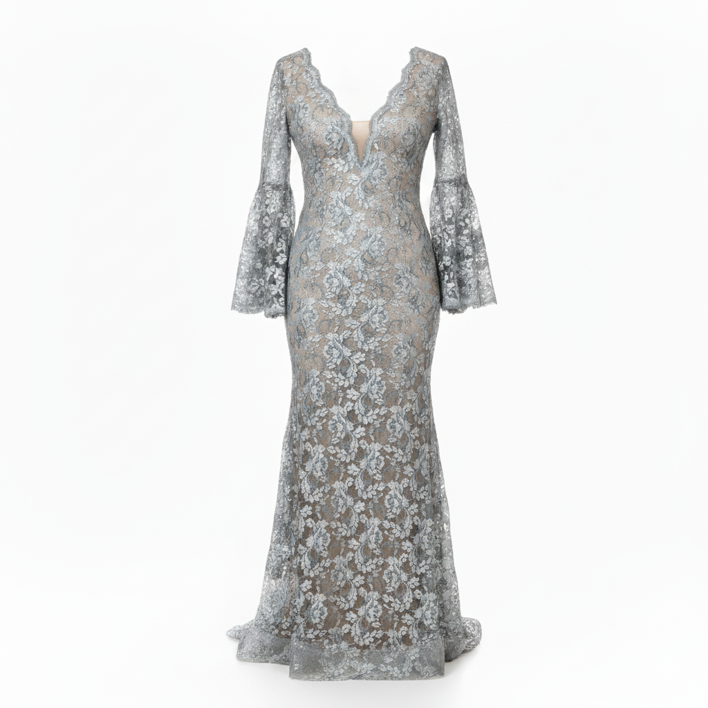 Betsy & Adam Silver Lace Mermaid Evening Gown - Size Small