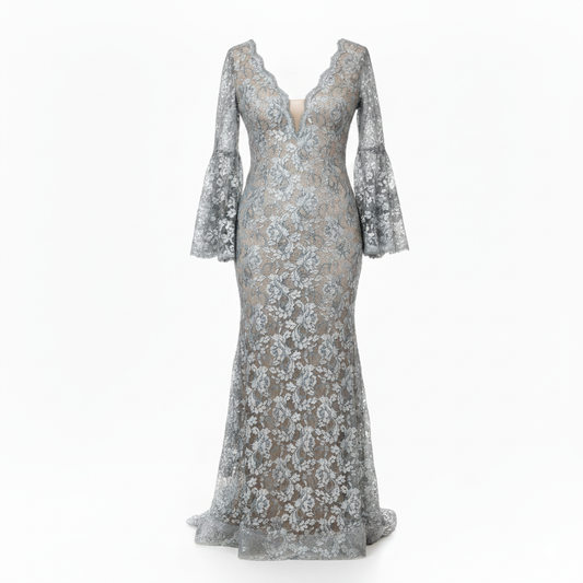 Betsy & Adam Silver Lace Mermaid Evening Gown - Size Small