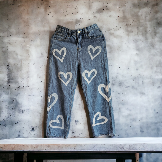 Hearts Print Denim Jeans - Size Medium