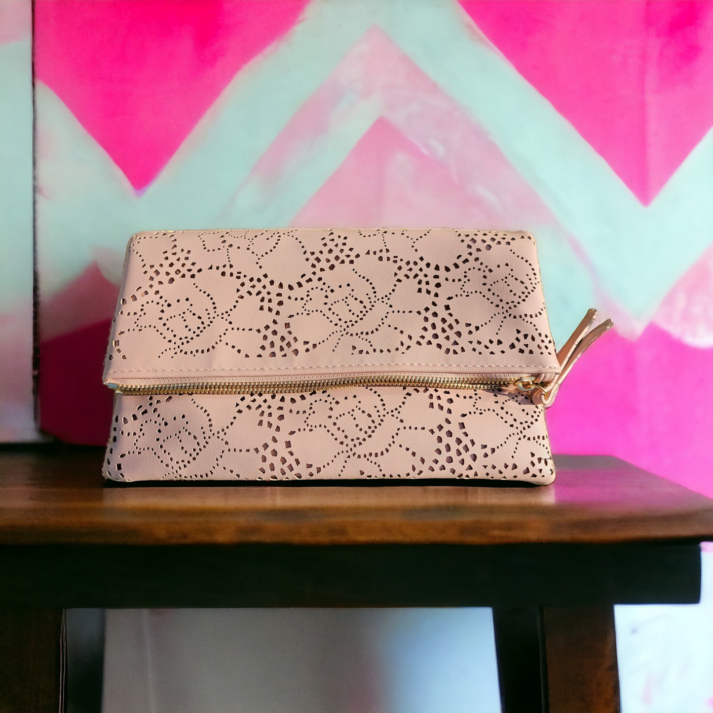 Urban Expression Mauve Laser Cut Floral Foldover Clutch