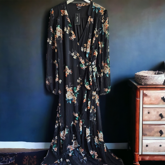 City Chic Black Floral Wrap Midi Dress - Size Curvy Girl XXL (Sz 20W)