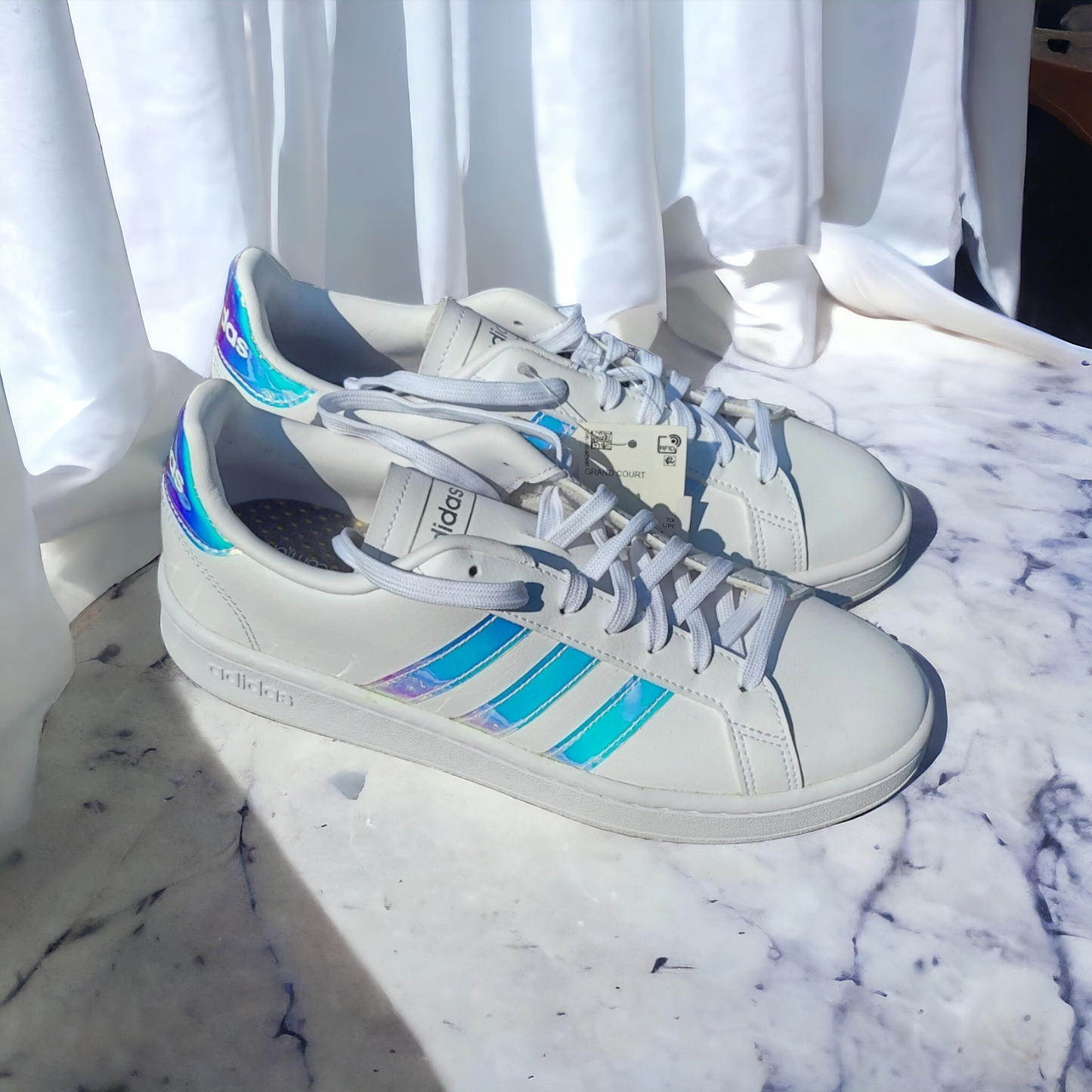 Women's Adidas Iridescent Stripe White Leather Lowtop Sneakers - Shoe Size 8.5