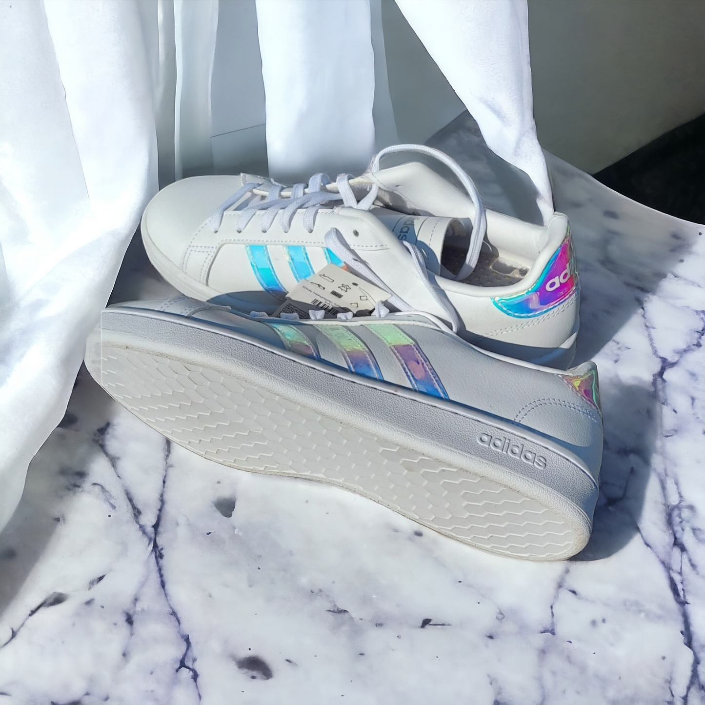 Women's Adidas Iridescent Stripe White Leather Lowtop Sneakers - Shoe Size 8.5