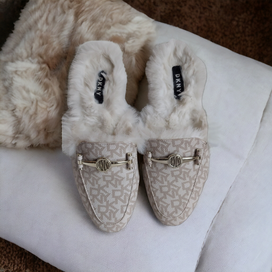 DKNY White Faux Fur Lined Gala Slip On Mules - Shoe Size 7