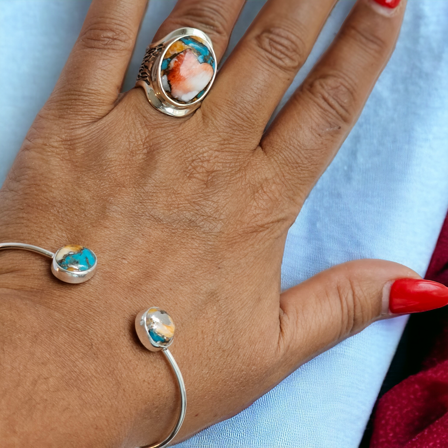 2 Piece Set - 925 Sterling Silver Oyster Copper Turquoise Cuff Bracelet and Ring