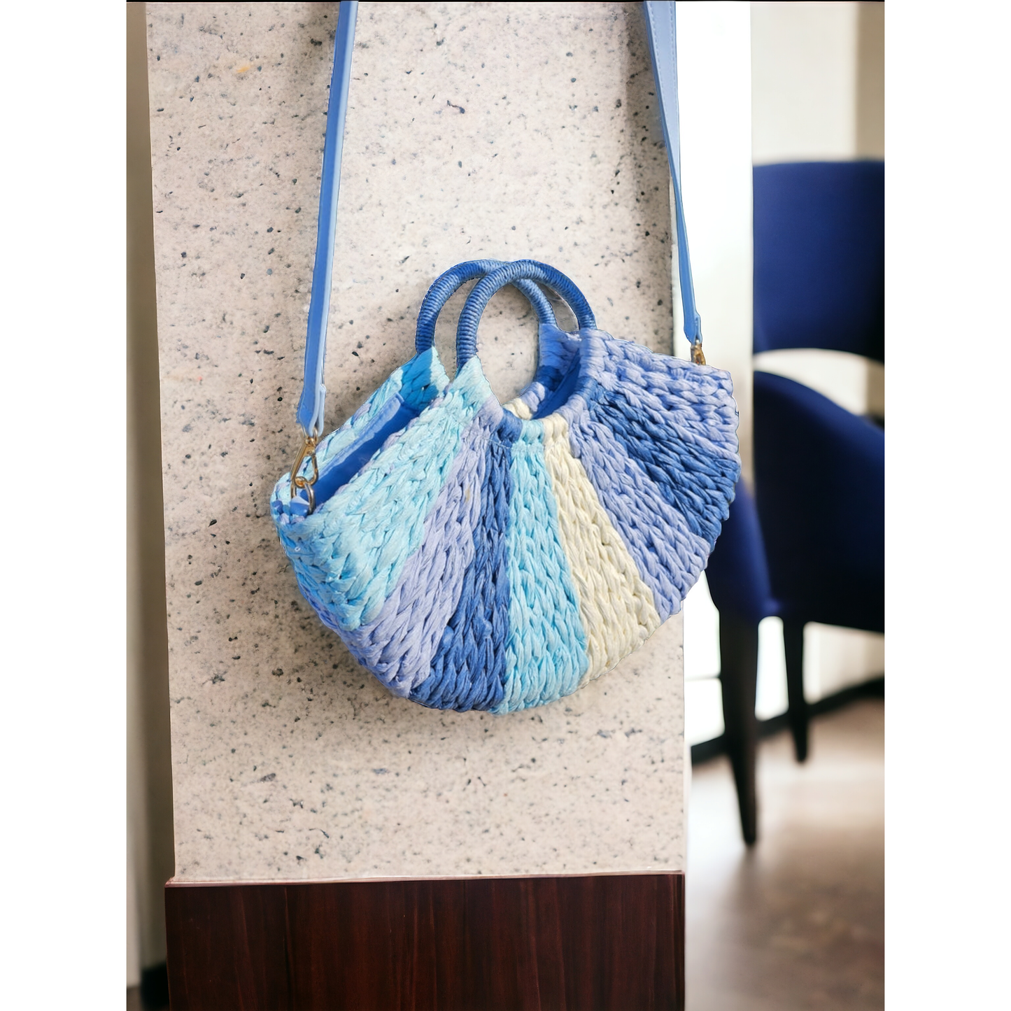 Crossi Multi Blue Crescent Rattan Convertible Crossbody Handbag