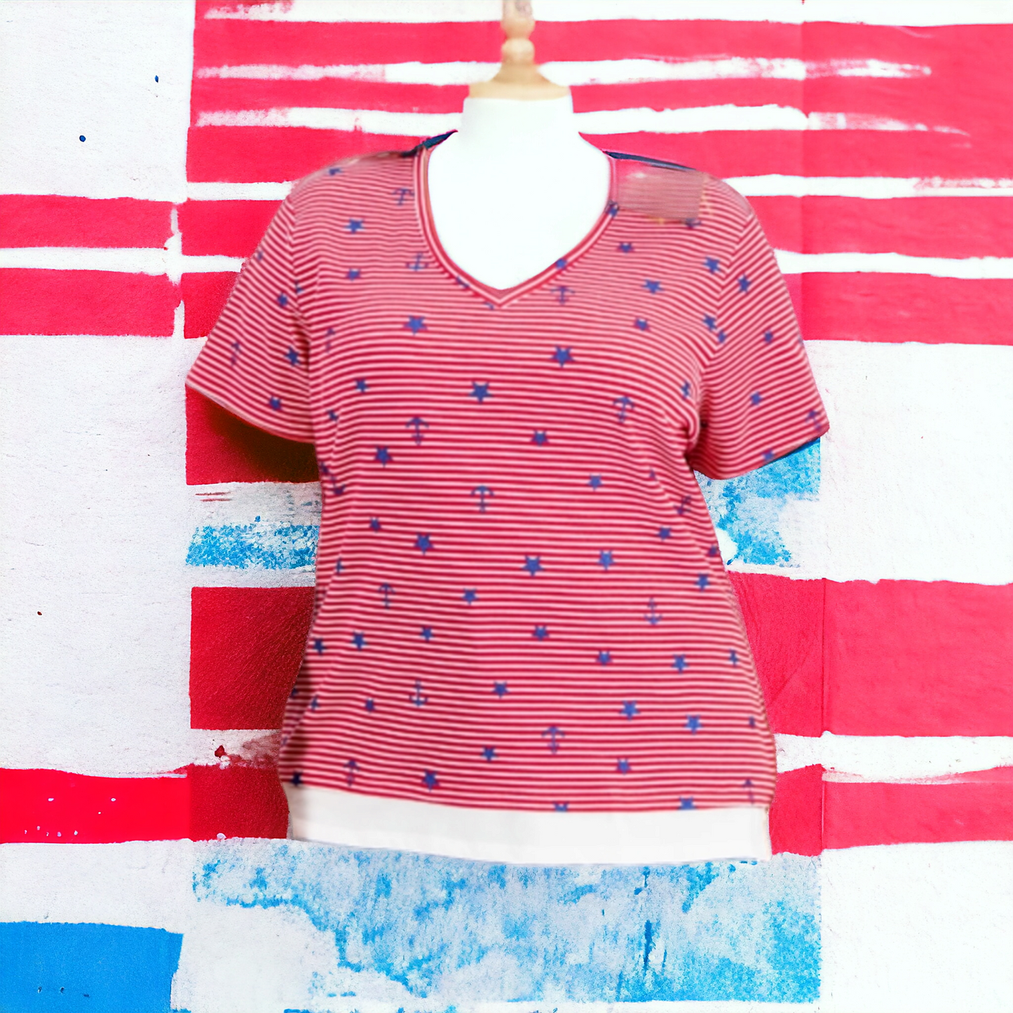 Karen Scott V Neck T-Shirt Patriotic T - Size Small, Size Medium, Size Large, Size Curvy Girl