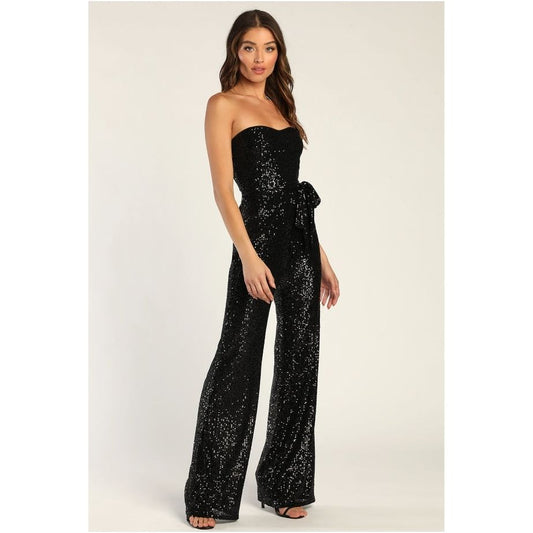 Lulus Black Strapless Sequin Jumpsuit – Size Large | $30