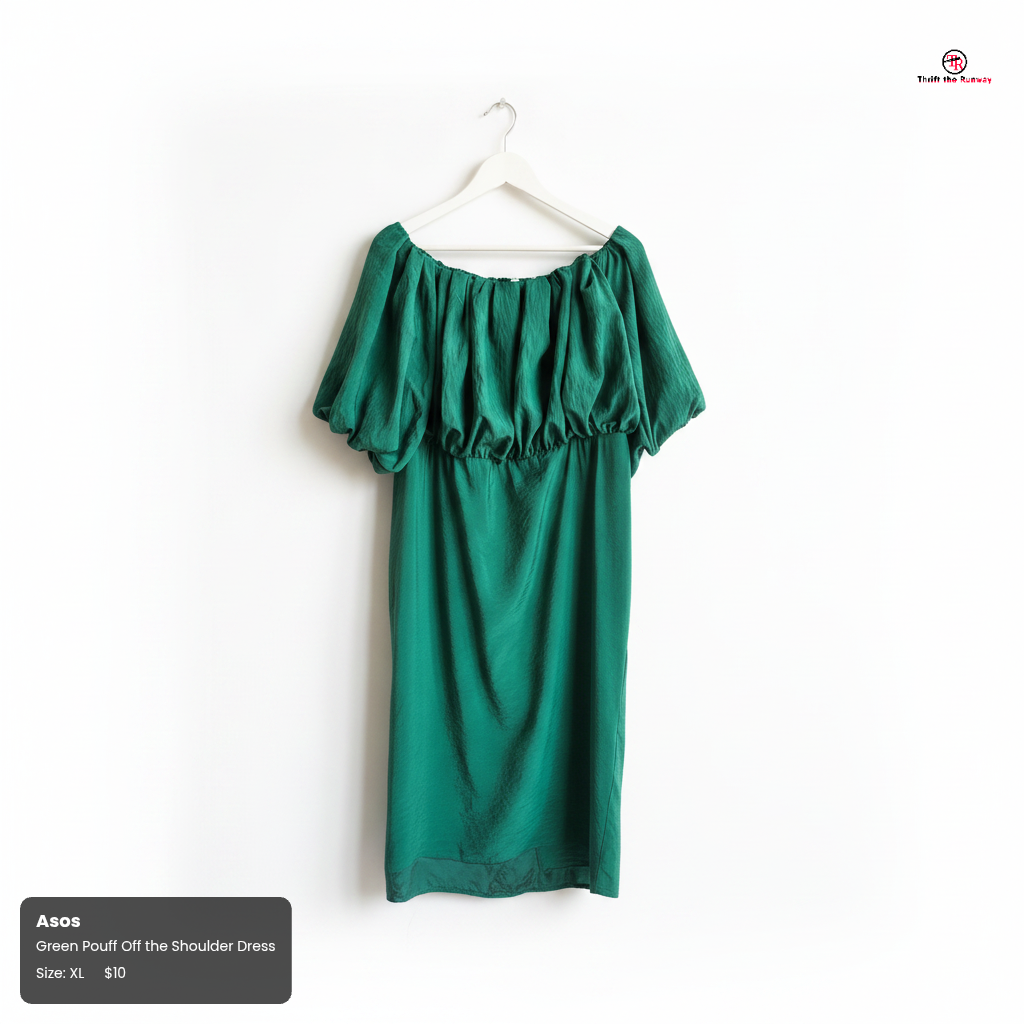 Asos Green Off-Shoulder Puff Sleeve Midi Dress - Size Curvy Girl Extra Large (Sz 16)