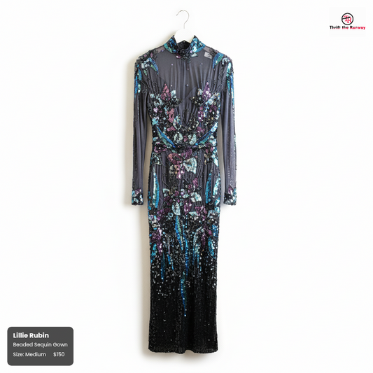 Vintage Lillie Rubin Beaded Sequin Gown | Size 6 | Glamorous Black Evening Dress - Size Medium