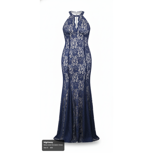 Nightway Navy Lace Gown - Size Medium (8)
