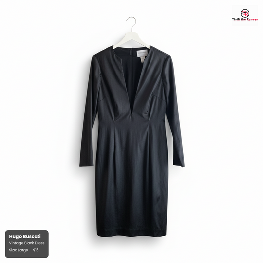Hugo Buscati Vintage Black Dress – Plunge Neckline, Size Large