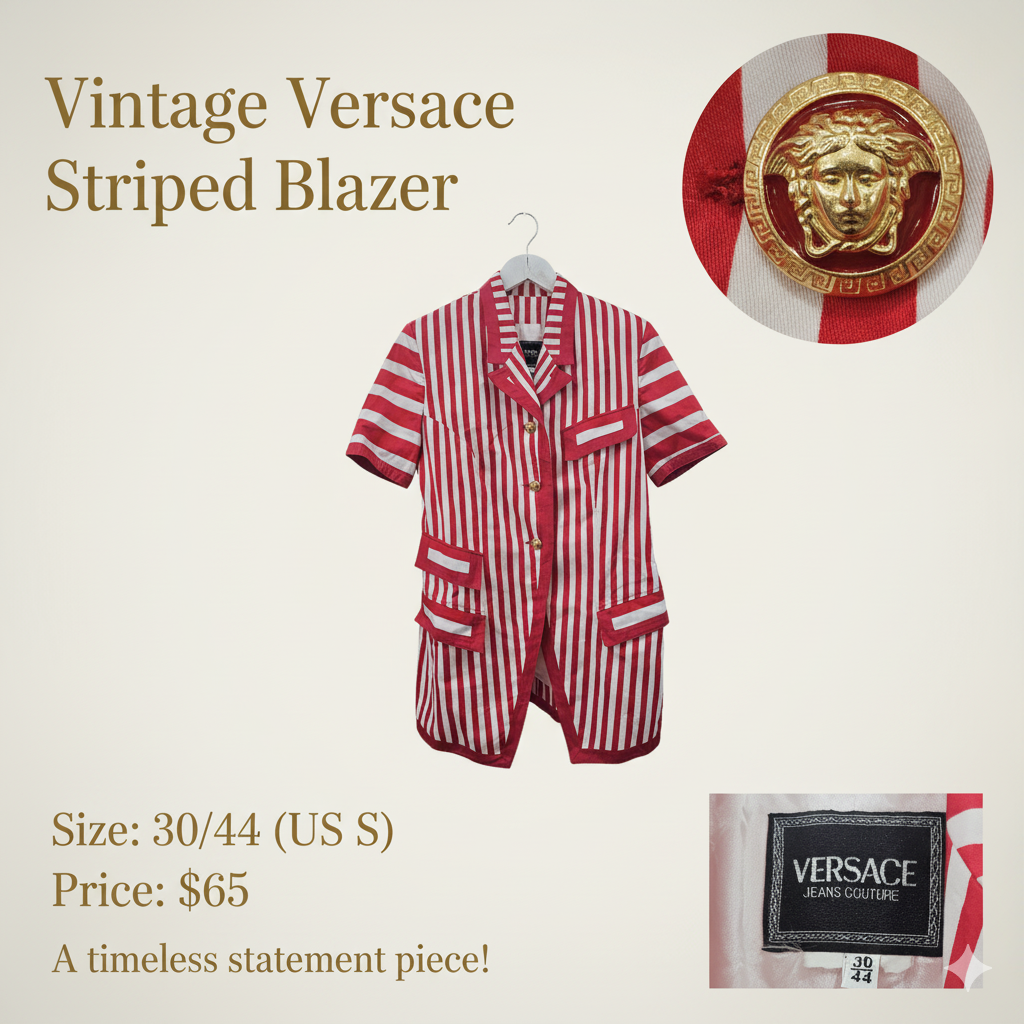 Vintage Versace Red & White Striped Blazer with Medusa Buttons – Size Small | $65
