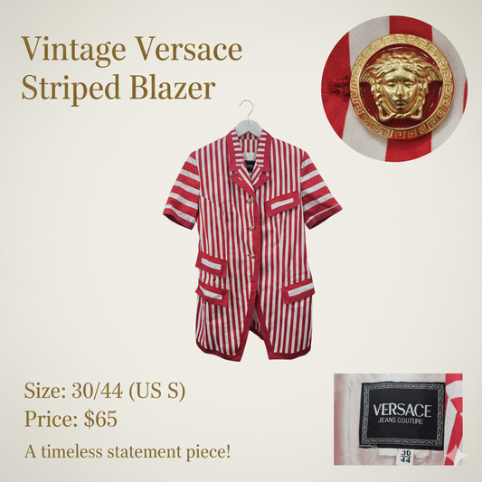 Vintage Versace Red & White Striped Blazer with Medusa Buttons – Size Small | $65