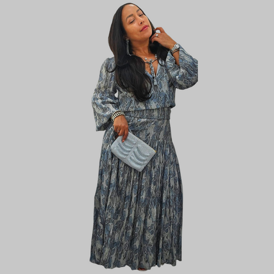MISA Los Angeles Two-Piece Set – Boho Luxe Blouse & Maxi Skirt (Tall-Girl Friendly) - Size Medium
