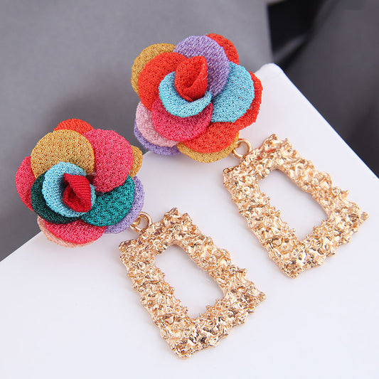 Colorful Flower & Gold Texture Hoop Earrings