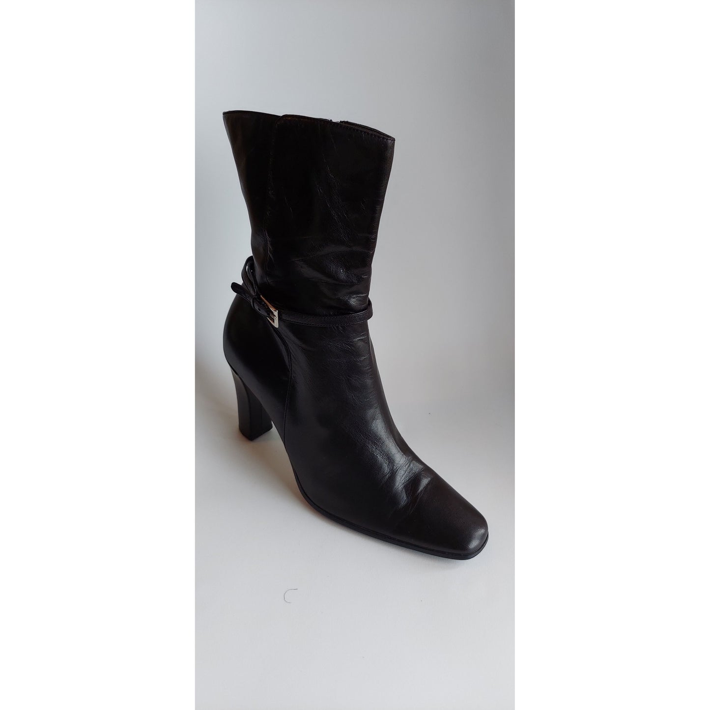 Anne Klein Black Leather Booties: Elegant Rounded Toe with Gold Buckle Detail - Shoe Size 7