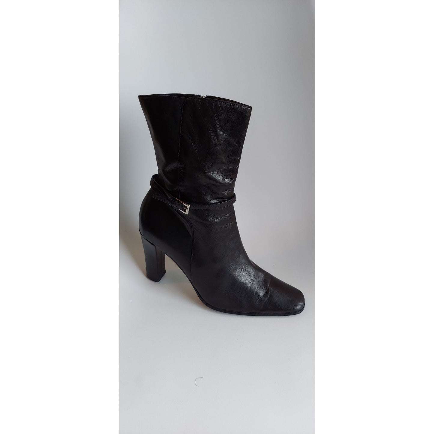 Anne Klein Black Leather Booties: Elegant Rounded Toe with Gold Buckle Detail - Shoe Size 7