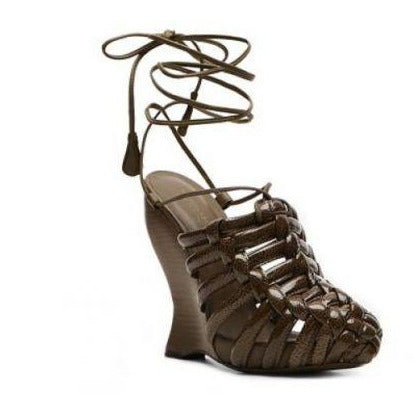 Bottega Veneta Brown Woven Leather Wedge Sandals - Shoe Size 7 (Size 37.5)