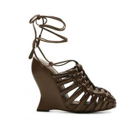 Bottega Veneta Brown Woven Leather Wedge Sandals - Shoe Size 7 (Size 37.5)