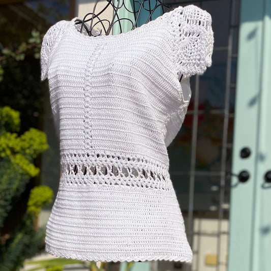 Alcee White Crochet Knit Peplum Cap Sleeve Top - Size Small / Size Medium